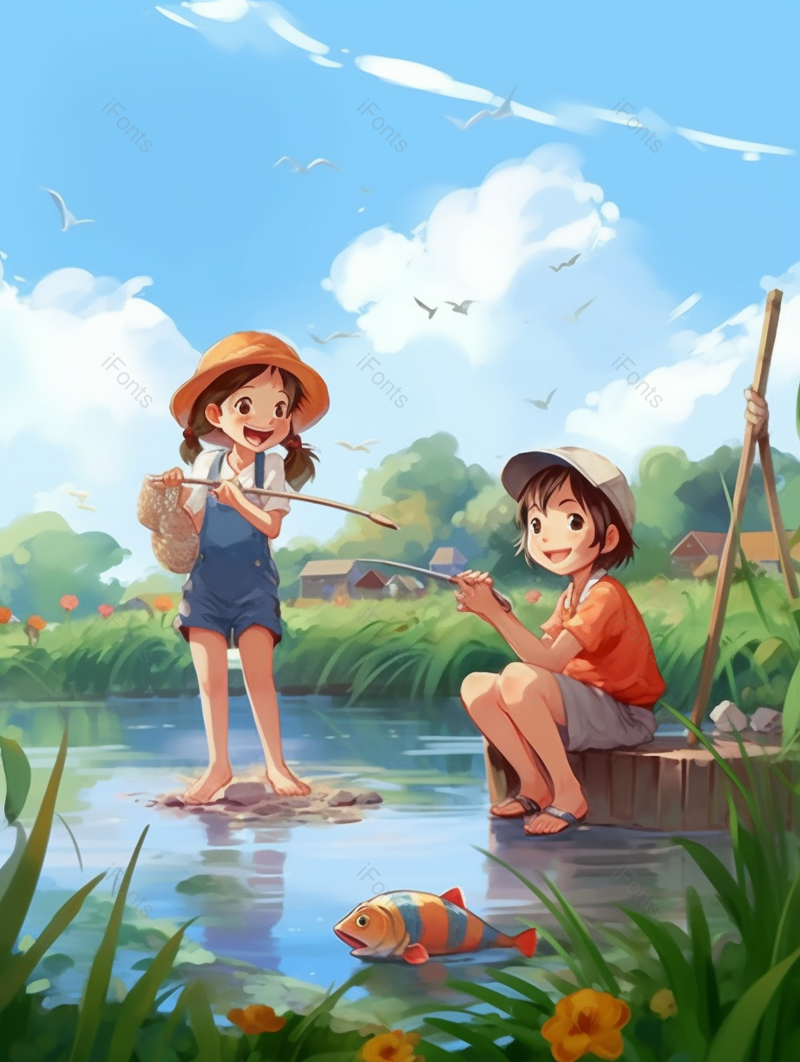 河边钓鱼捕鱼虾蟹的小伙伴手绘插画图,插画/手绘图,插画/手绘图库,插画/手绘图下载,插画/手绘